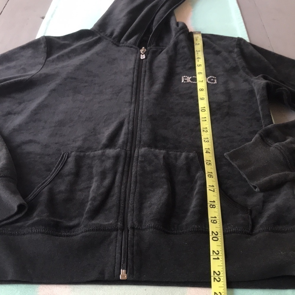 BCBGMaxAzria Black Velour Rhinestone Logo Zip-Up Hooded Jacket Medium - Picture 12 of 13